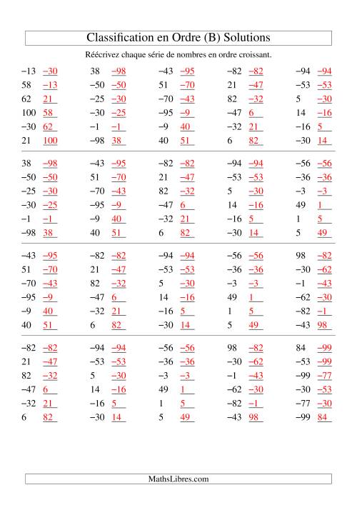 Classification en ordre des nombres entiers (-99 à 99) (B) page 2