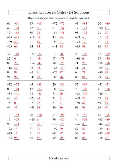 Classification en ordre des nombres entiers (-99 à 99) (D) page 2
