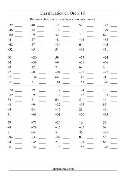 Classification en ordre des nombres entiers (-99 à 99) (F)