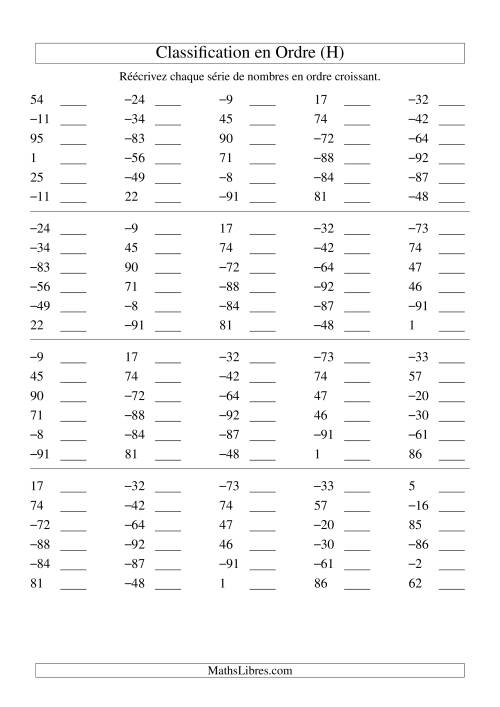 Classification en ordre des nombres entiers (-99 à 99) (H)