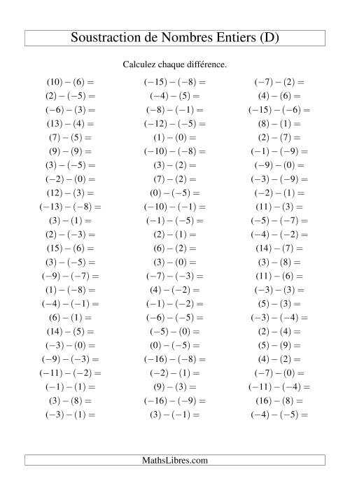 Soustraction de nombres entiers de (-9) à 9 (75 par page) (D)