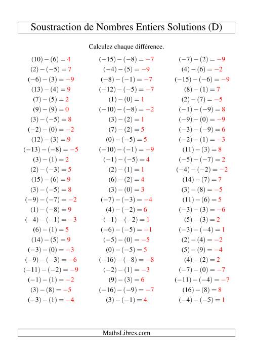 Soustraction de nombres entiers de (-9) à 9 (75 par page) (D) page 2
