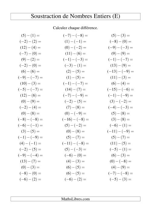 Soustraction de nombres entiers de (-9) à 9 (75 par page) (E)
