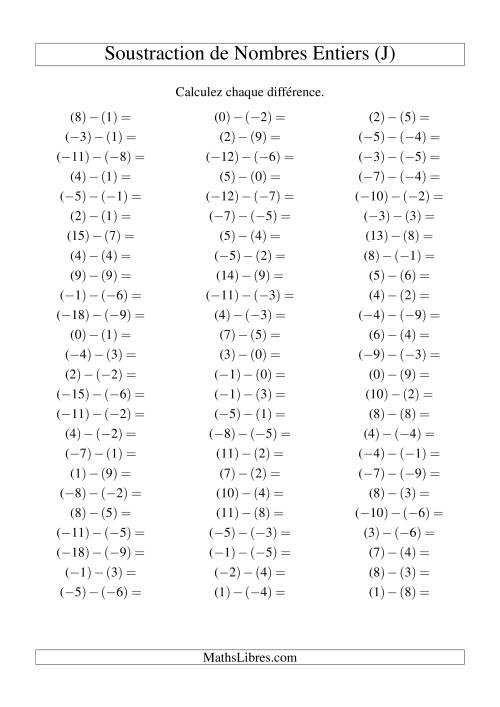 Soustraction de nombres entiers de (-9) à 9 (75 par page) (J)