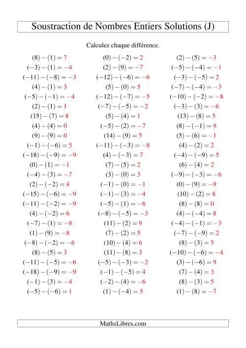Soustraction de nombres entiers de (-9) à 9 (75 par page) (J) page 2