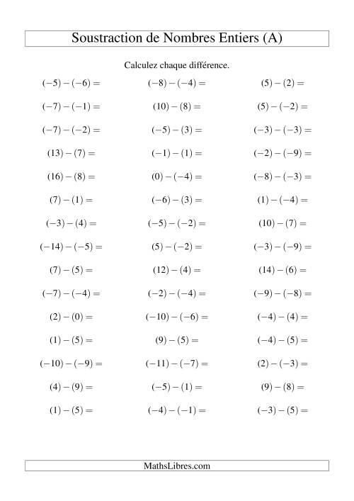 Soustraction de nombres entiers de (-9) à 9 (45 par page) (A)