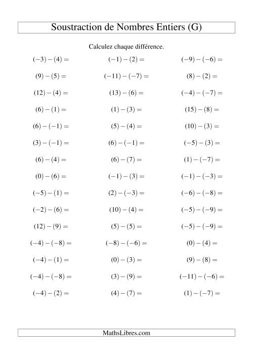 Soustraction de nombres entiers de (-9) à 9 (45 par page) (G)