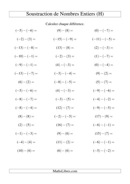 Soustraction de nombres entiers de (-9) à 9 (45 par page) (H)