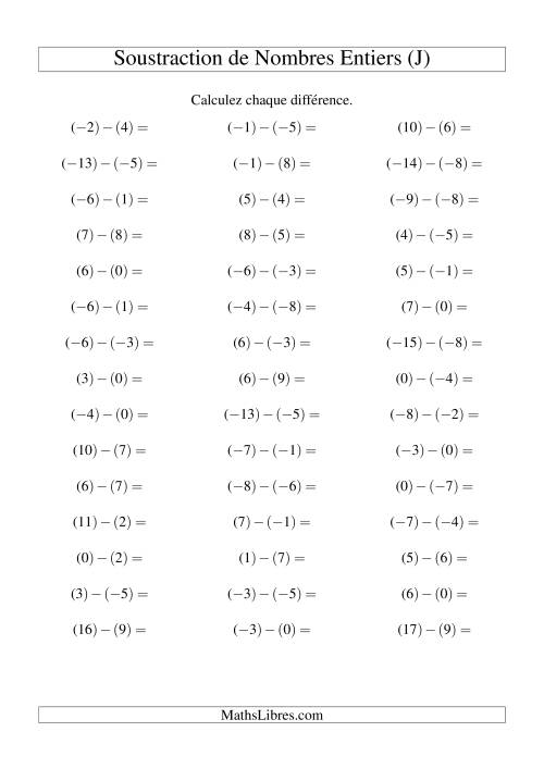 Soustraction de nombres entiers de (-9) à 9 (45 par page) (J)