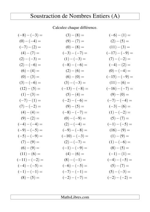 Soustraction de nombres entiers de (-9) à 9 (75 par page) (Tout)