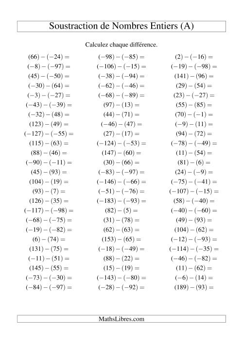 Soustraction de nombres entiers de (-99) à 99 (75 par page) (A)