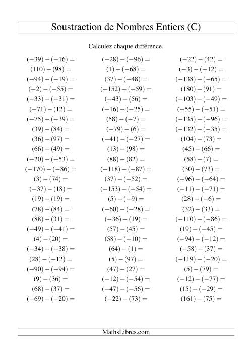 Soustraction de nombres entiers de (-99) à 99 (75 par page) (C)