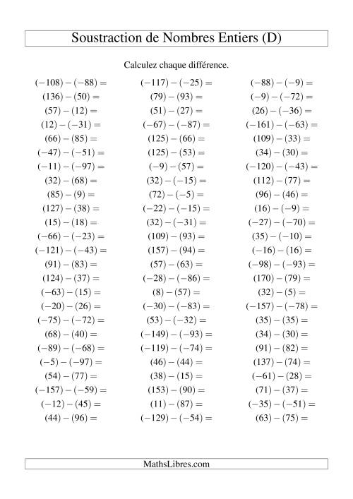 Soustraction de nombres entiers de (-99) à 99 (75 par page) (D)