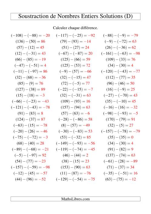 Soustraction de nombres entiers de (-99) à 99 (75 par page) (D) page 2