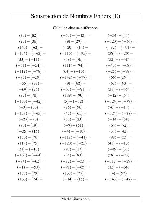 Soustraction de nombres entiers de (-99) à 99 (75 par page) (E)
