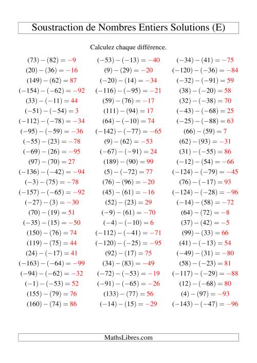 Soustraction de nombres entiers de (-99) à 99 (75 par page) (E) page 2