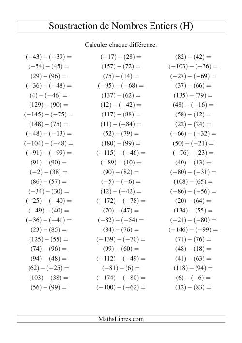 Soustraction de nombres entiers de (-99) à 99 (75 par page) (H)