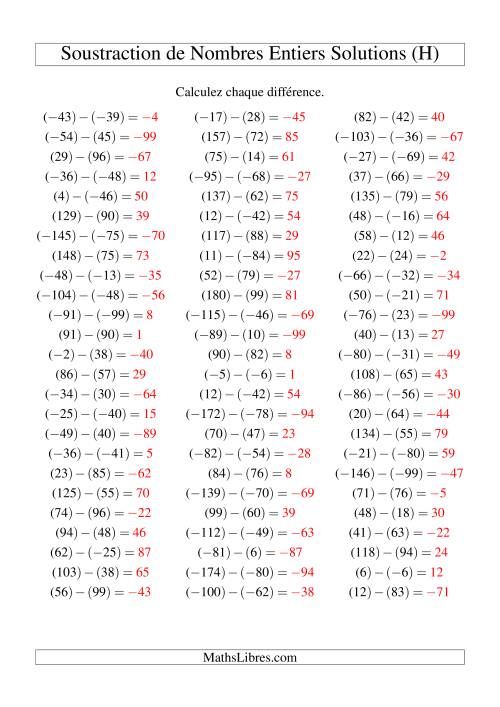 Soustraction de nombres entiers de (-99) à 99 (75 par page) (H) page 2