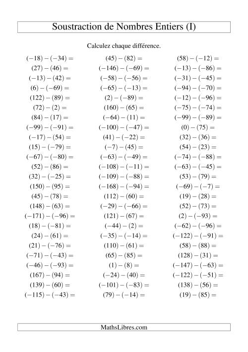 Soustraction de nombres entiers de (-99) à 99 (75 par page) (I)