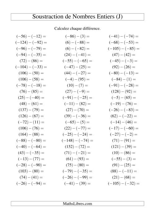 Soustraction de nombres entiers de (-99) à 99 (75 par page) (J)