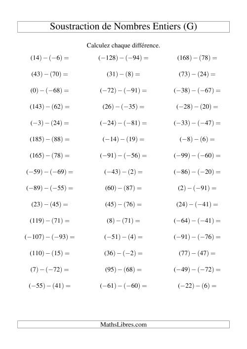Soustraction de nombres entiers de (-99) à 99 (45 par page) (G)