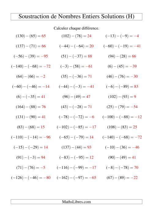 Soustraction de nombres entiers de (-99) à 99 (45 par page) (H) page 2