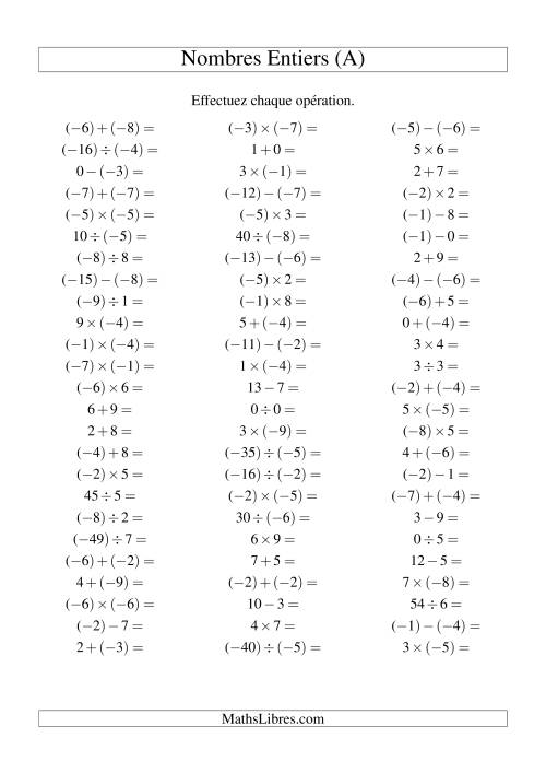 Opérations sur les nombres entiers de (-9) à 9 (75 par page) (A)