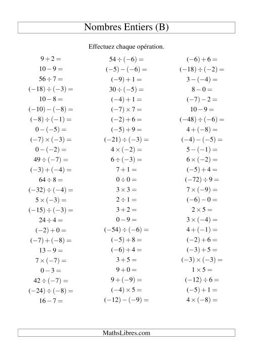 Opérations sur les nombres entiers de (-9) à 9 (75 par page) (B)