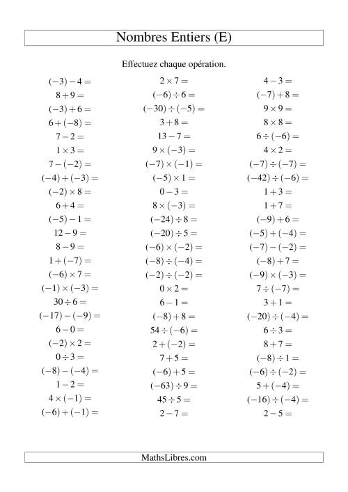 Opérations sur les nombres entiers de (-9) à 9 (75 par page) (E)