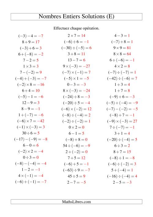 Opérations sur les nombres entiers de (-9) à 9 (75 par page) (E) page 2