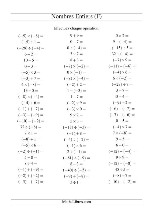 Opérations sur les nombres entiers de (-9) à 9 (75 par page) (F)