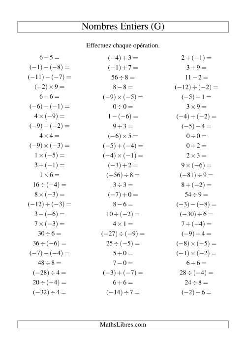Opérations sur les nombres entiers de (-9) à 9 (75 par page) (G)