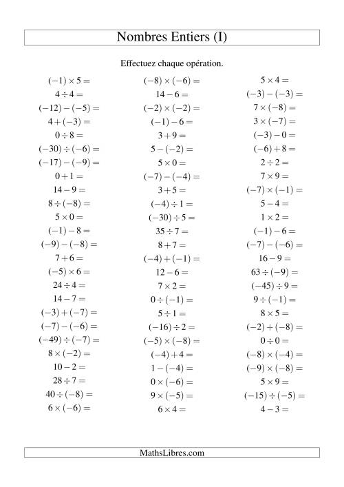 Opérations sur les nombres entiers de (-9) à 9 (75 par page) (I)