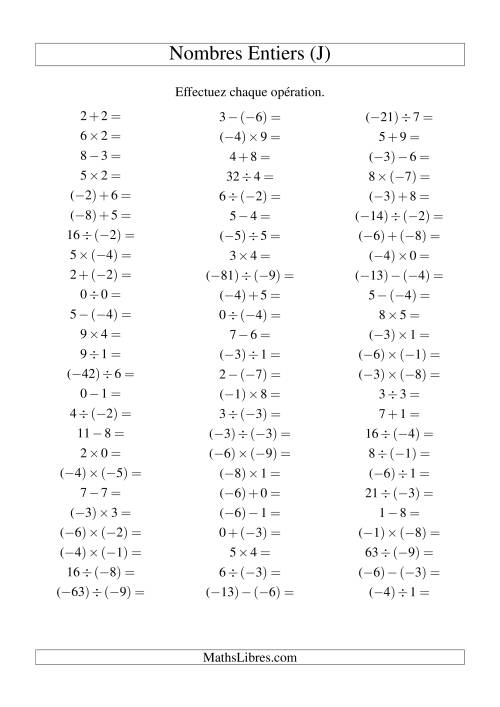Opérations sur les nombres entiers de (-9) à 9 (75 par page) (J)