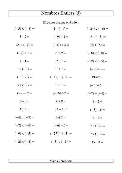 Opérations sur les nombres entiers de (-9) à 9 (45 par page) (J)