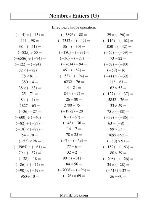 Opérations sur les nombres entiers de (-99) à 99 (75 par page) (G)