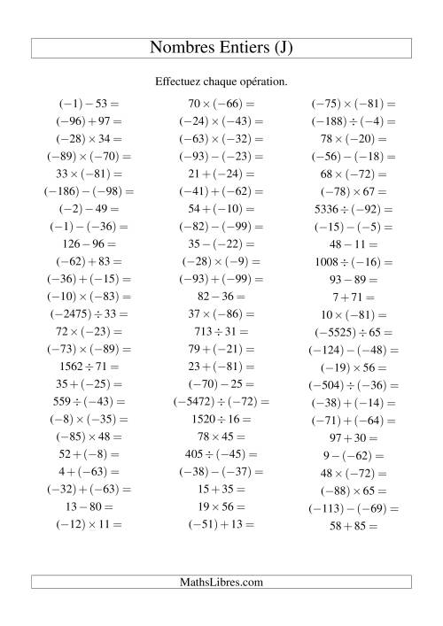 Opérations sur les nombres entiers de (-99) à 99 (75 par page) (J)