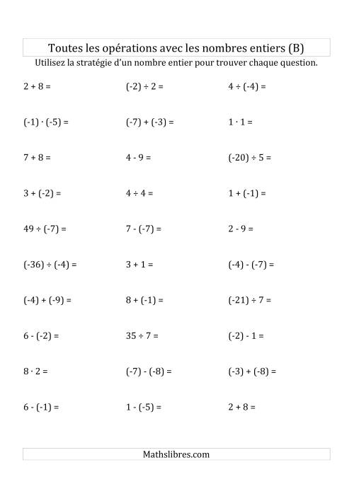 Toutes les Opérations avec des Nombres Entiers de -9 à 9 (Parenthèses sur les Nombres Négatifs) (B)