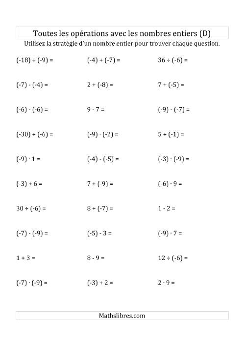 Toutes les Opérations avec des Nombres Entiers de -9 à 9 (Parenthèses sur les Nombres Négatifs) (D)