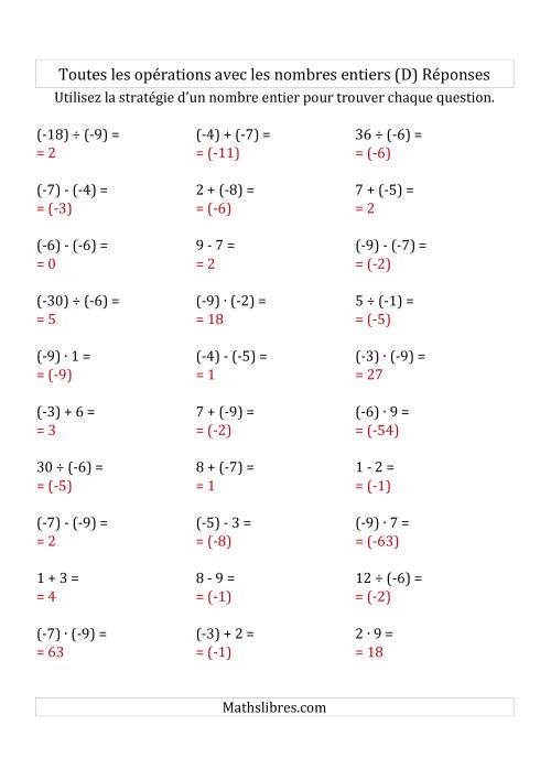 Toutes les Opérations avec des Nombres Entiers de -9 à 9 (Parenthèses sur les Nombres Négatifs) (D) page 2