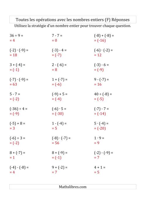 Toutes les Opérations avec des Nombres Entiers de -9 à 9 (Parenthèses sur les Nombres Négatifs) (F) page 2