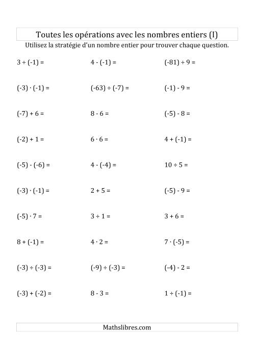 Toutes les Opérations avec des Nombres Entiers de -9 à 9 (Parenthèses sur les Nombres Négatifs) (I)