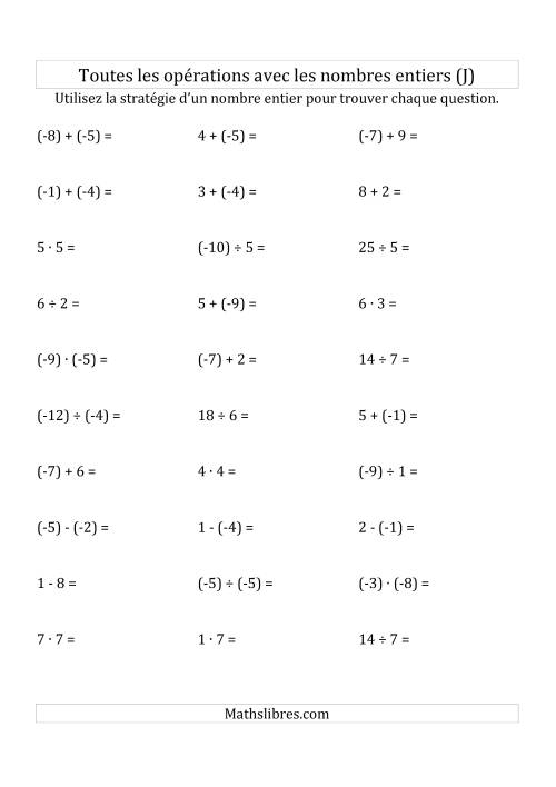Toutes les Opérations avec des Nombres Entiers de -9 à 9 (Parenthèses sur les Nombres Négatifs) (J)