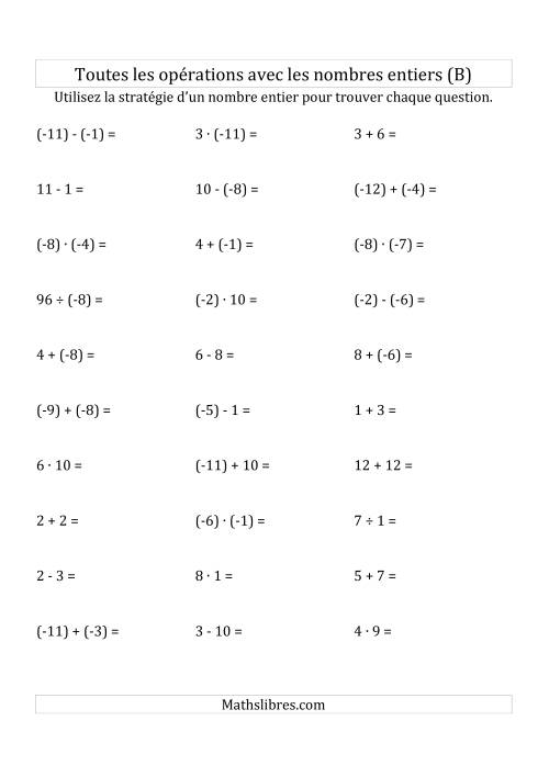 Toutes les Opérations avec des Nombres Entiers de -12 à 12 (Parenthèses sur les Nombres Négatifs) (B)
