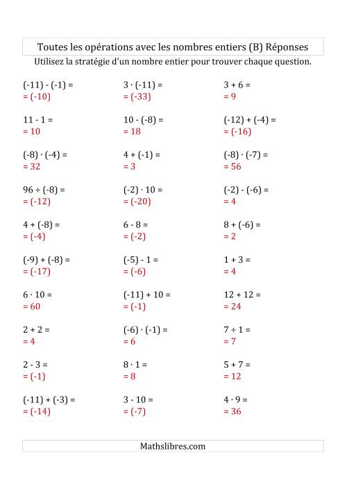 Toutes les Opérations avec des Nombres Entiers de -12 à 12 (Parenthèses sur les Nombres Négatifs) (B) page 2