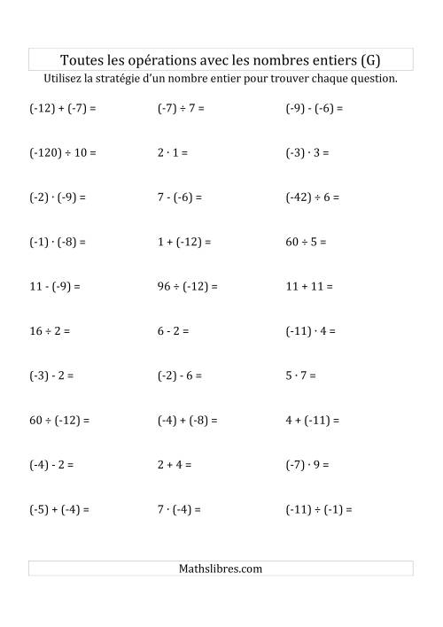 Toutes les Opérations avec des Nombres Entiers de -12 à 12 (Parenthèses sur les Nombres Négatifs) (G)