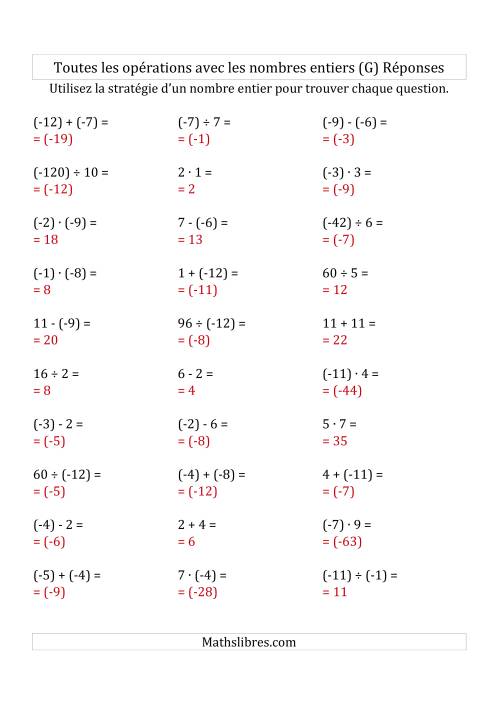 Toutes les Opérations avec des Nombres Entiers de -12 à 12 (Parenthèses sur les Nombres Négatifs) (G) page 2