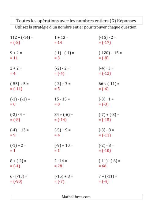 Toutes les Opérations avec des Nombres Entiers de -15 à 15 (Parenthèses sur les Nombres Négatifs) (G) page 2