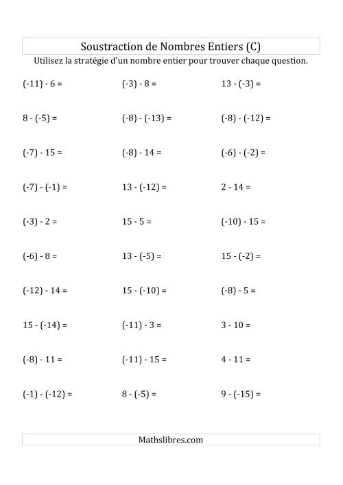 Soustraction de Nombres Entiers de (-15) à 15 (Parenthèses sur les Nombres Négatifs) (C)
