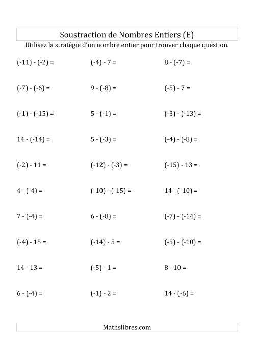Soustraction de Nombres Entiers de (-15) à 15 (Parenthèses sur les Nombres Négatifs) (E)